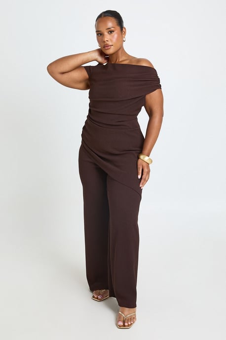 Plus Textured Cowl Neck Asym Hem Top & Wide Leg Trouser Co Ord - Image 1