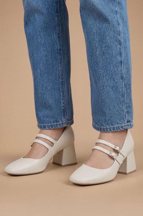 Wide fit Dawn Faux Leather Double Mary Jane Mid Block Heel Court Shoes - Image 1