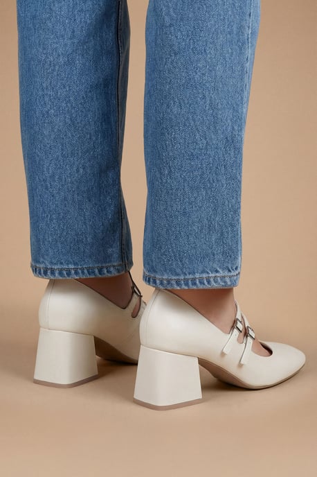 Wide fit Dawn Faux Leather Double Mary Jane Mid Block Heel Court Shoes - Image 2