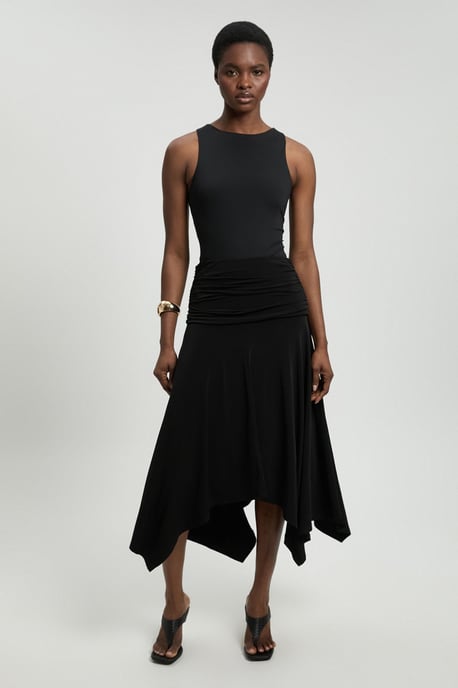 Stretch Drapey Crepe Ruched Hanky Hem Midi Skirt - Image 1