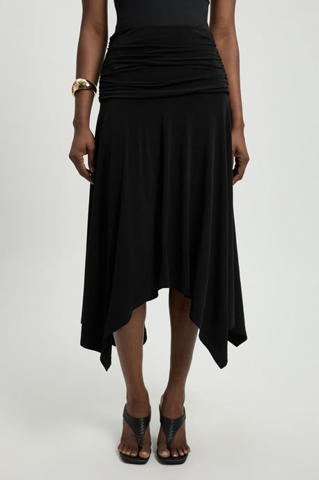 Stretch Drapey Crepe Ruched Hanky Hem Midi Skirt - Image 2