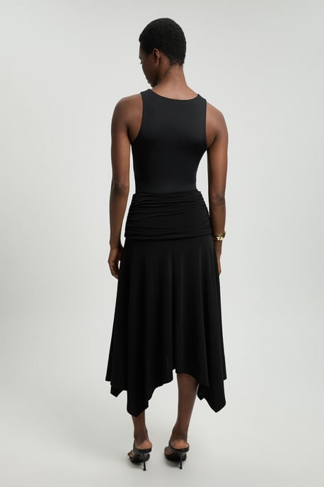 Stretch Drapey Crepe Ruched Hanky Hem Midi Skirt - Image 3
