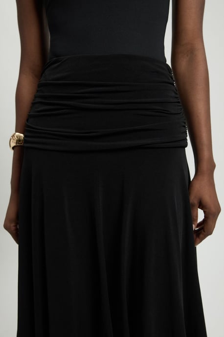 Stretch Drapey Crepe Ruched Hanky Hem Midi Skirt - Image 4