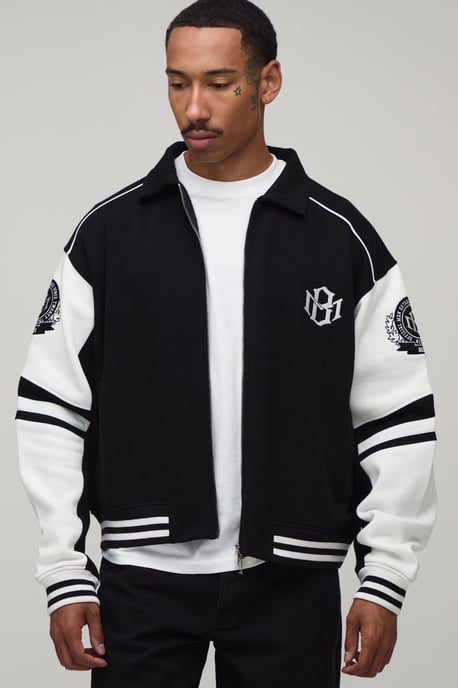 Boxy Fit Collared Colour Block Varsity Jersey Jacket - Image 1