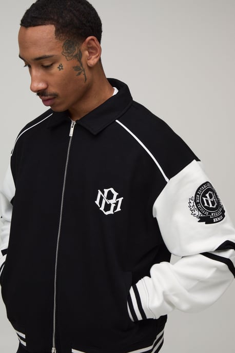 Boxy Fit Collared Colour Block Varsity Jersey Jacket - Image 3