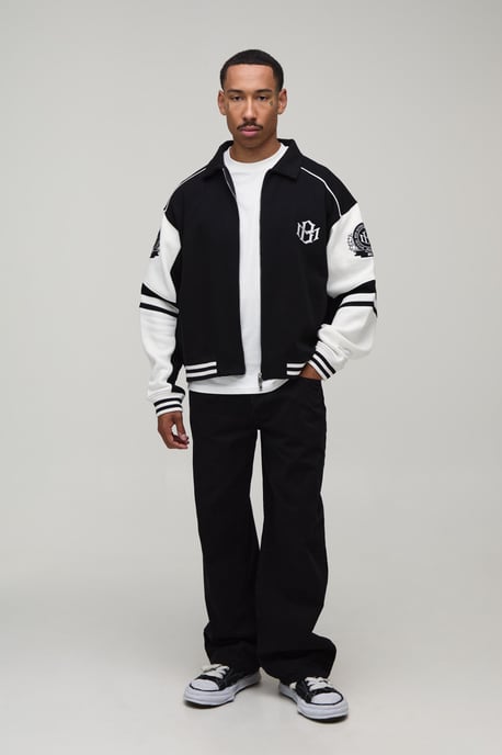 Boxy Fit Collared Colour Block Varsity Jersey Jacket - Image 4