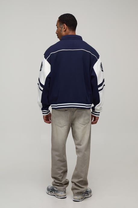 Boxy Fit Collared Colour Block Varsity Jersey Jacket - Image 2