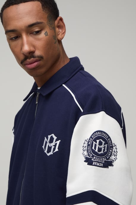 Boxy Fit Collared Colour Block Varsity Jersey Jacket - Image 3