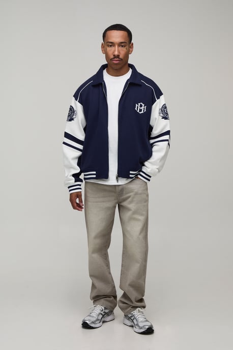 Boxy Fit Collared Colour Block Varsity Jersey Jacket - Image 4