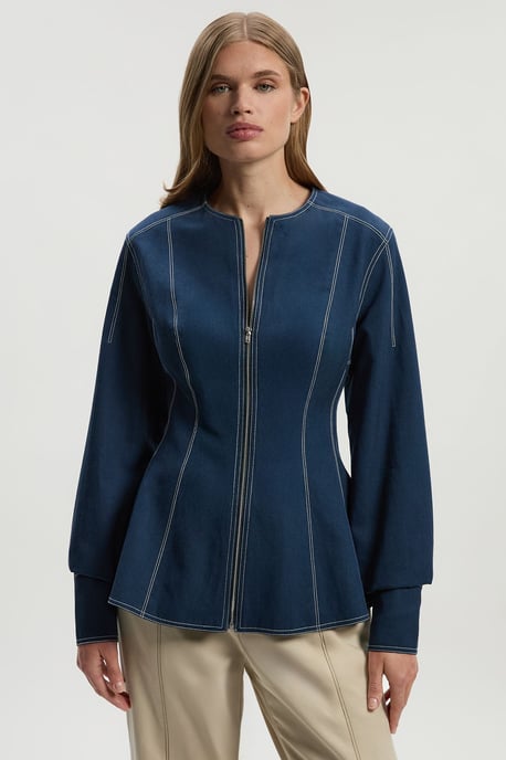 Tencel Cotton Contrast Stitch Zip Front Woven Jacket - Image 2