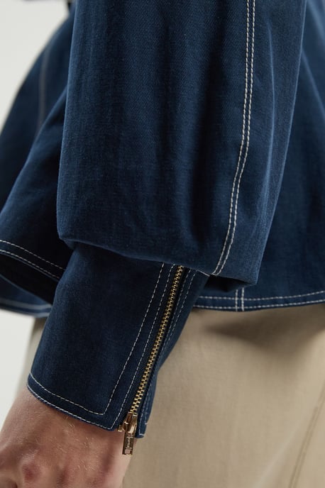 Tencel Cotton Contrast Stitch Zip Front Woven Jacket - Image 5