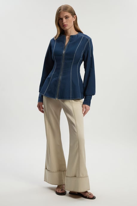 Tencel Cotton Contrast Stitch Zip Front Woven Jacket - Image 6