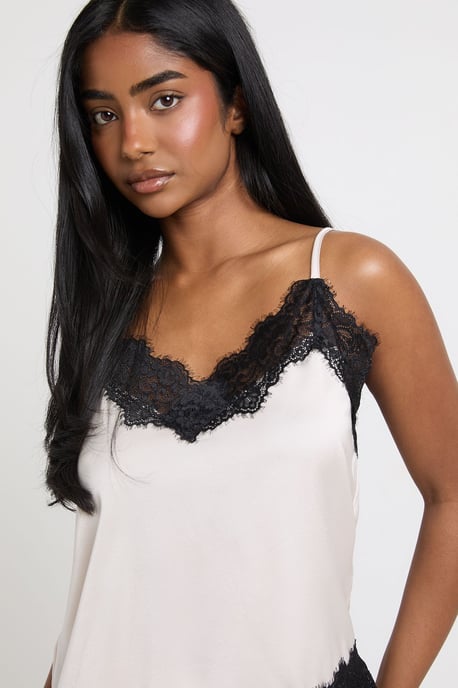 Contrast Lace Detail Satin Cami & Short Pyjama Set - Image 4