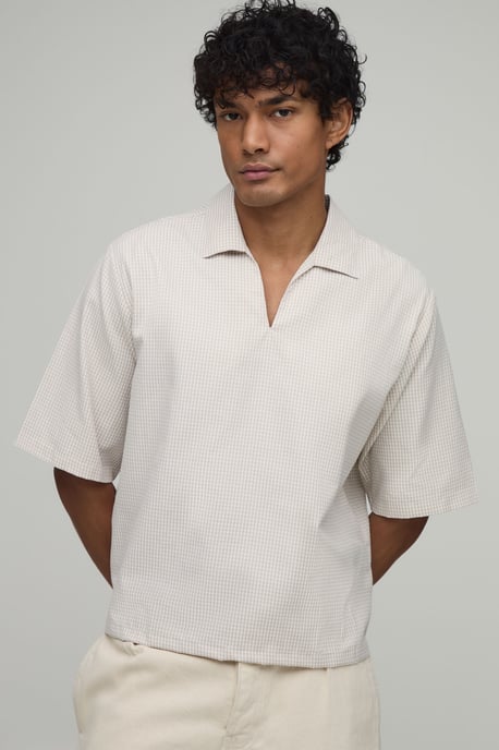 Oversized Boxy Poplin Check V-Neck Polo - Image 1