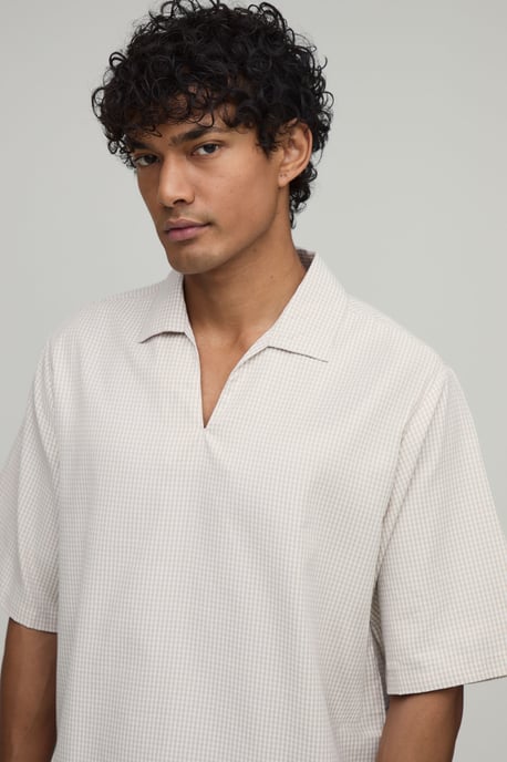 Oversized Boxy Poplin Check V-Neck Polo - Image 3