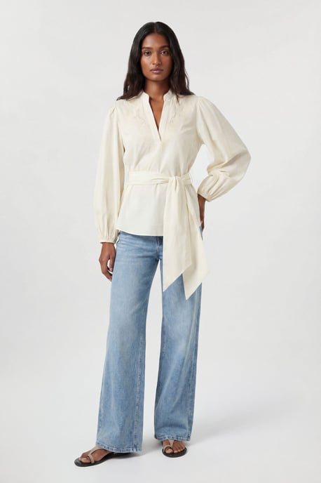 Poplin Embroidered Detail Belted Blouse - Image 1