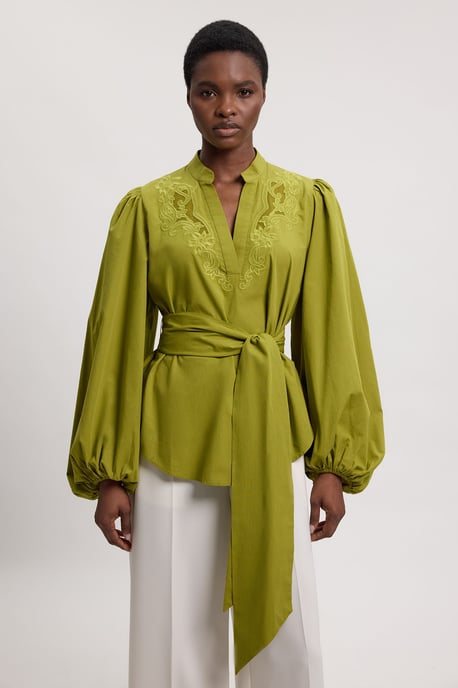 Poplin Embroidered Detail Belted Blouse - Image 1
