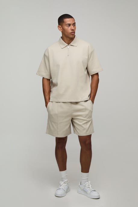 Oversized Boxy Interlock Half Sleeve Polo And Pintuck Short Set - Image 4