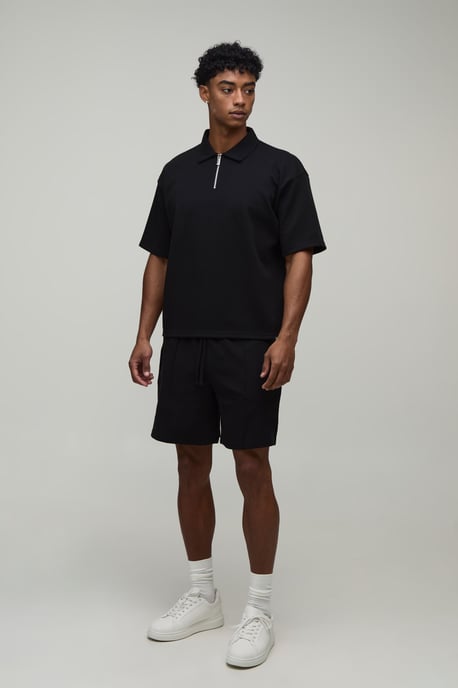 Oversized Boxy Interlock Half Sleeve Polo And Pintuck Short Set - Image 4