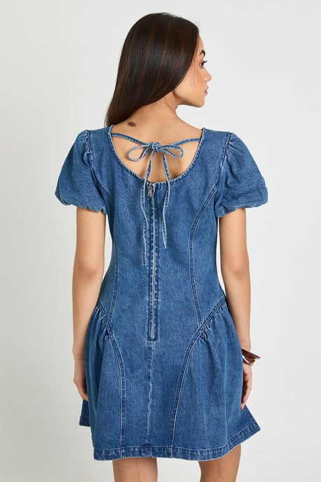 Puff Sleeve Denim Mini Dress - Image 2