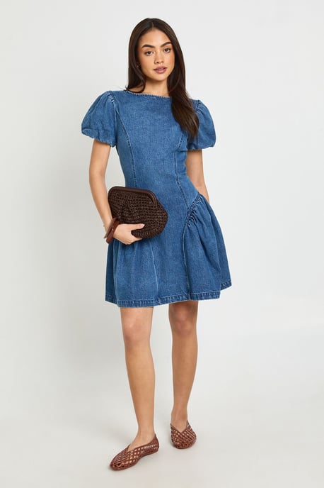 Puff Sleeve Denim Mini Dress - Image 3