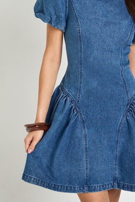 Puff Sleeve Denim Mini Dress - Image 4
