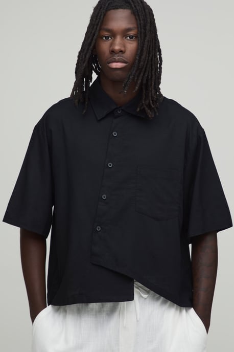 Oversized Boxy Asymmetric Linen Half Sleeve Shirt - Image 1