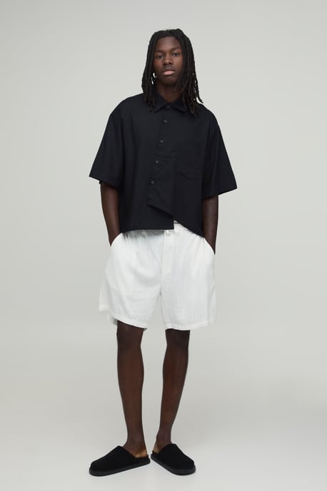 Oversized Boxy Asymmetric Linen Half Sleeve Shirt - Image 4