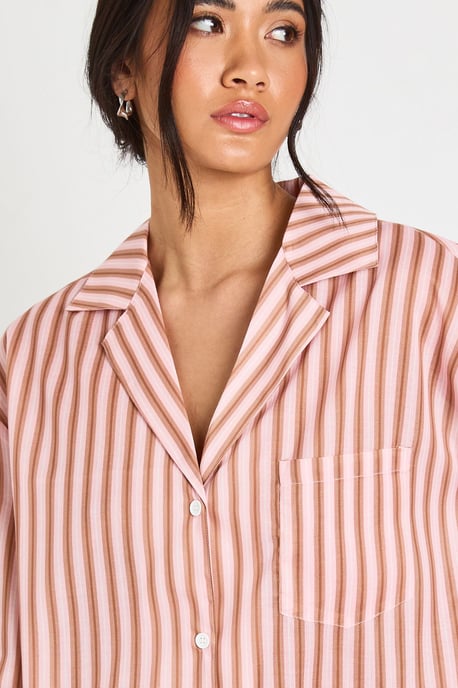 Cotton Pinstripe Oversized Long Sleeve Shirt & Trouser Pyjama Set - Image 4