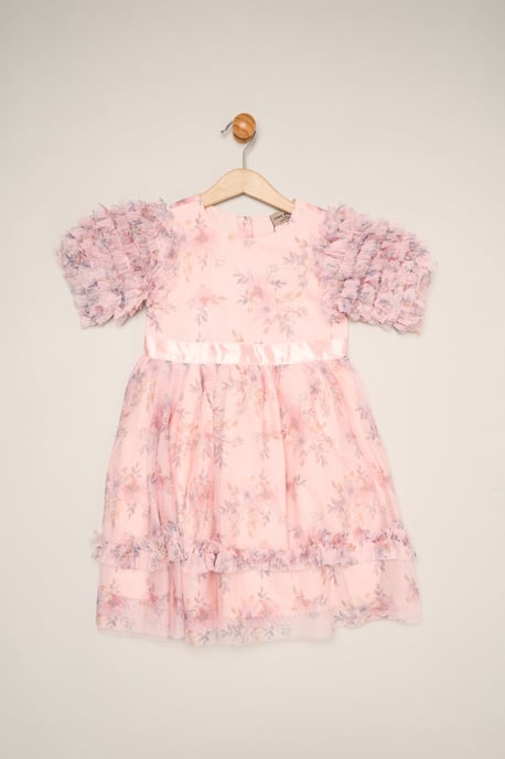 Floral Mesh Dress with Ruffle Sleeves - Image 1