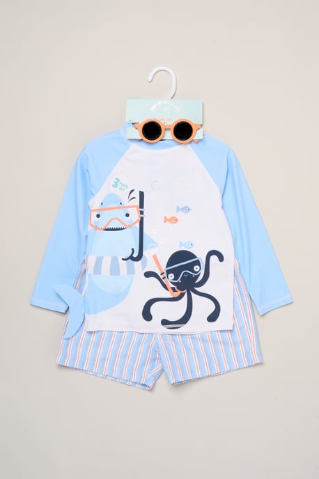 Shark and Octopus Long Sleeve Top, Shorts and Sunglasses Swimwear Set - Image 2