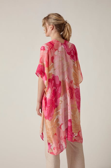 Pink Peony Floral Print Beach Kaftan Cover-Up - Image 2