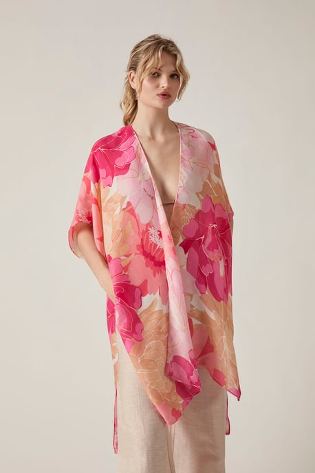 Pink Peony Floral Print Beach Kaftan Cover-Up - Image 3