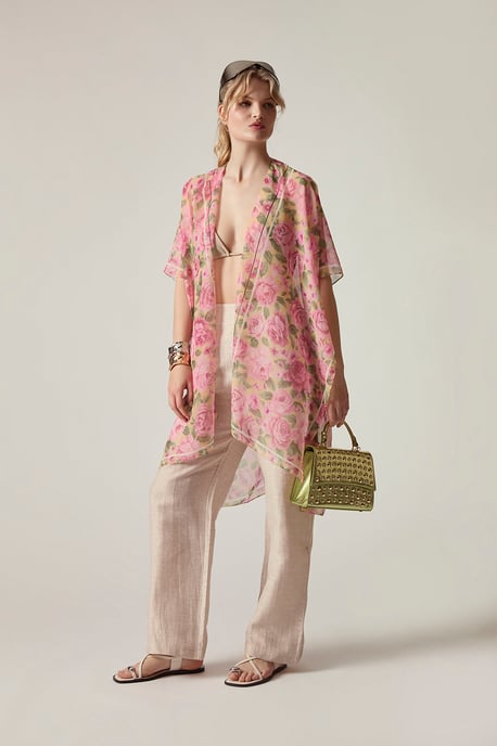 Pink Rose Print Beach Kaftan Cover-Up - Image 1