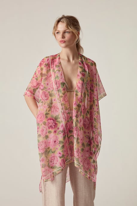 Pink Rose Print Beach Kaftan Cover-Up - Image 4