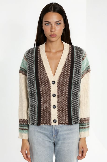 Oversized Soft Touch Patterned V-Neck Knit Cardigan - Image 6