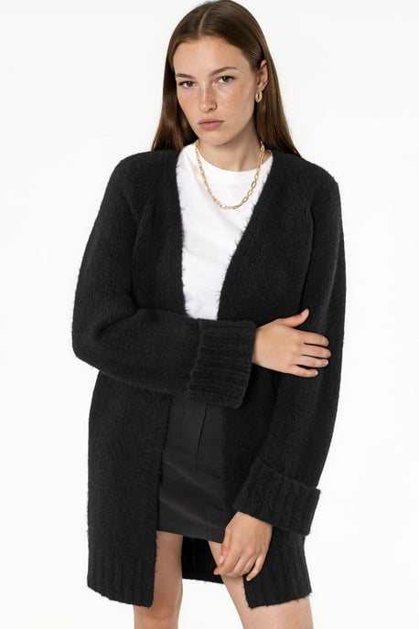 Long Ribbed Knit Cardigan with Open Collar - Image 1