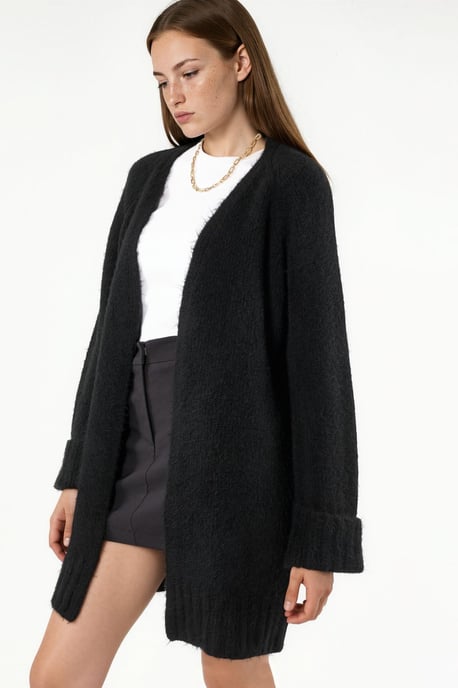Long Ribbed Knit Cardigan with Open Collar - Image 2