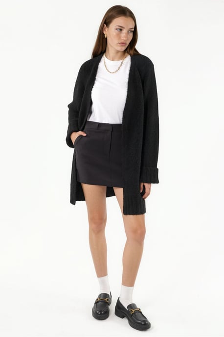 Long Ribbed Knit Cardigan with Open Collar - Image 5