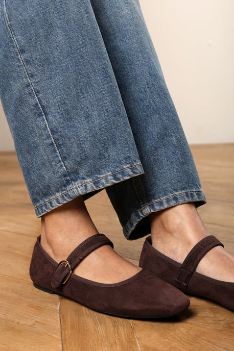 Wheres That From Womens Karsyn Mary Jane Ballet Flats With Buckle Detail in Brown Suede - Image 1