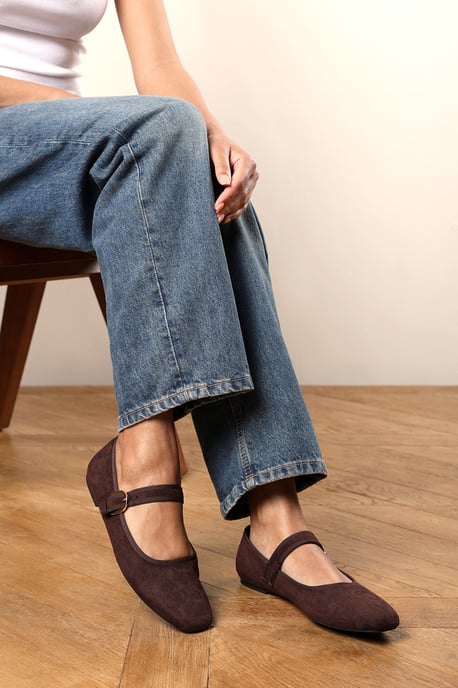 Wheres That From Womens Karsyn Mary Jane Ballet Flats With Buckle Detail in Brown Suede - Image 6