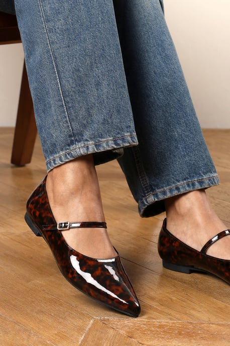 Wheres That From Womens Novalee Pointed Toe Mary Jane Front Strap Ballet Flats in Tortoise Patent - Image 1