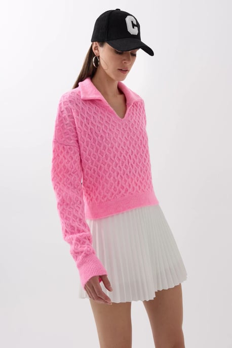 Textured Knitted Sweater with Shirt Collar - Image 4