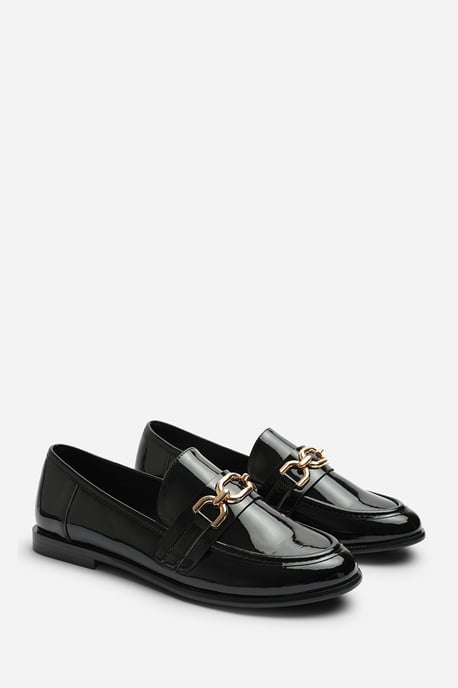 Wheres That From Womens Lettie Wide Fit Chain Trim Detail Flat Loafers In Black Patent - Image 4