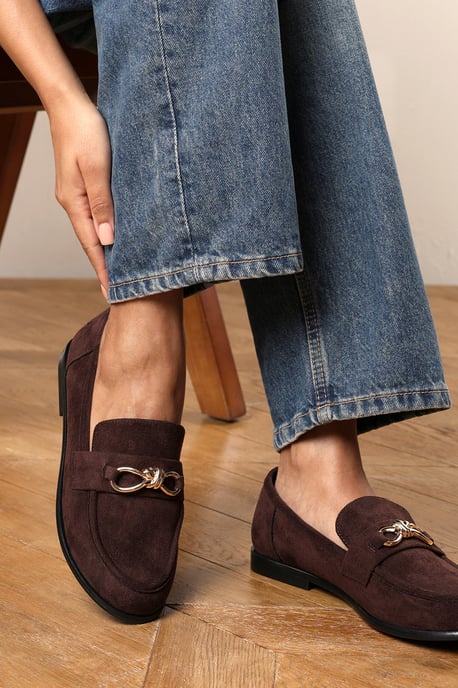 Wheres That From Womens Freyja Knot Trim Hardware Detail Flat Loafers in Brown Suede - Image 1