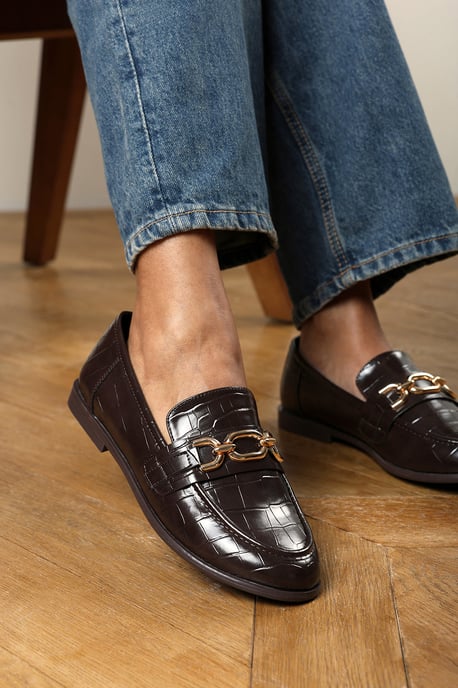 Wheres That From Womens Lettie Wide Fit Chain Trim Detail Flat Loafers in Brown Croc - Image 2