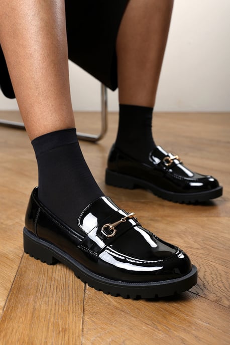 Wheres That From Womens Aadhya Chunky Snaffle Trim Detail Loafers in Black Patent - Image 1