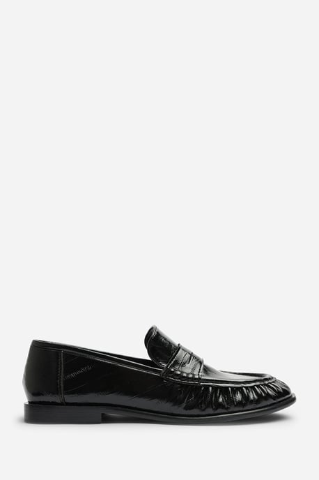Wheres That From Womens Charleigh Ruched Detail Flat Penny Loafers in Black Eel - Image 2
