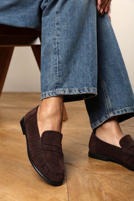 Wheres That From Womens Charleigh Ruched Detail Flat Penny Loafers in Brown Suede - Image 1