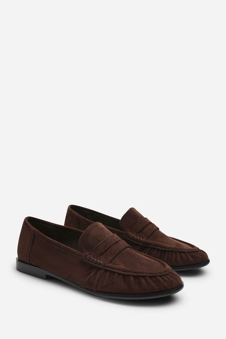 Wheres That From Womens Charleigh Ruched Detail Flat Penny Loafers in Brown Suede - Image 4